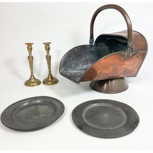 318 - COAL SCUTTLE, PAIR OF PEWTER PLATES AND CANDLE STICKS