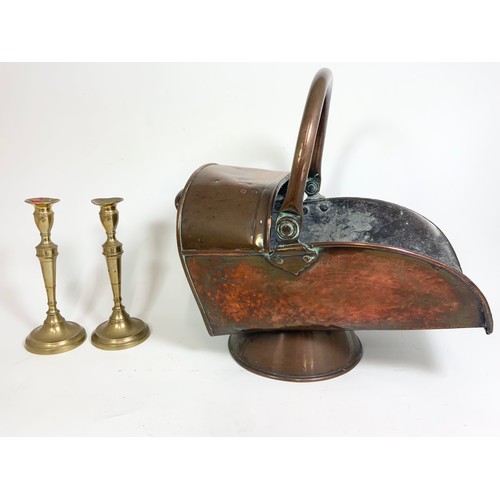 318 - COAL SCUTTLE, PAIR OF PEWTER PLATES AND CANDLE STICKS