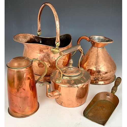 316 - COPPER WARE ITEMS INC. COAL HELMET, HARVEST JUG, COFFEE POT KETTLE AND COAL SHOVEL