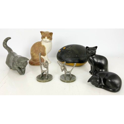 334 - A MOORSIDE DESIGN CAT FIGURES AND 2 STYLISH PEWTER CAT AND DONKEY FIGURES TOGETHER WITH A STONE CAT ... 