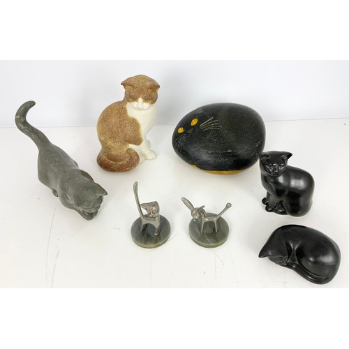 334 - A MOORSIDE DESIGN CAT FIGURES AND 2 STYLISH PEWTER CAT AND DONKEY FIGURES TOGETHER WITH A STONE CAT ... 