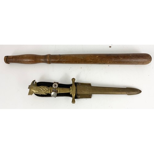 338 - WOODEN TRUNCHEON AND A BRASS DAGGER WITH SCABBARD AND EAGLE HANDLE