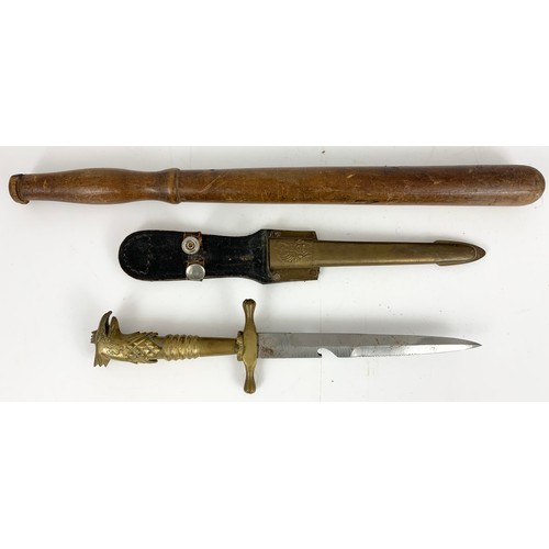 338 - WOODEN TRUNCHEON AND A BRASS DAGGER WITH SCABBARD AND EAGLE HANDLE