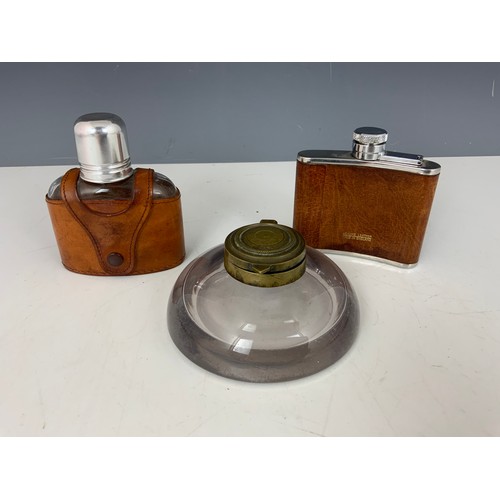 342 - HIP FLASKS AND A GLASS INKWELL