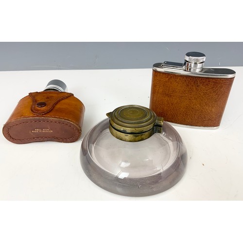 342 - HIP FLASKS AND A GLASS INKWELL