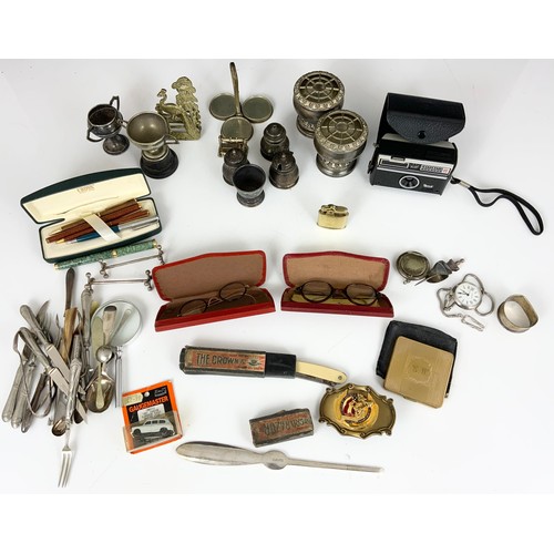 344 - BOX OF MISC. INC. PLATED WARE, CUT THROAT RAZOR, OLD SPECTACLES, PENS, INSTAMATIC 100 CAMERA ETC.