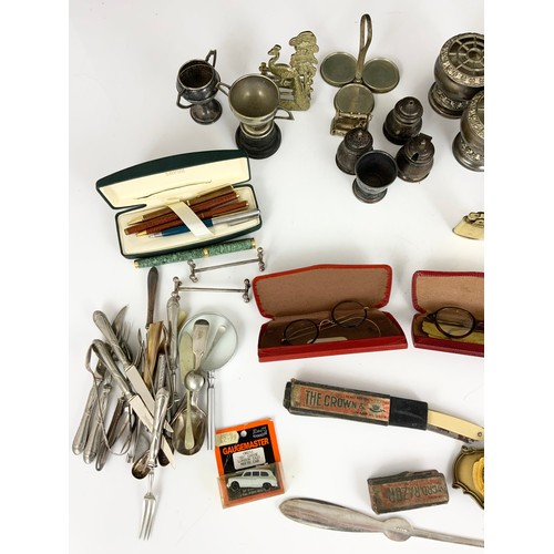 344 - BOX OF MISC. INC. PLATED WARE, CUT THROAT RAZOR, OLD SPECTACLES, PENS, INSTAMATIC 100 CAMERA ETC.