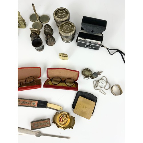 344 - BOX OF MISC. INC. PLATED WARE, CUT THROAT RAZOR, OLD SPECTACLES, PENS, INSTAMATIC 100 CAMERA ETC.