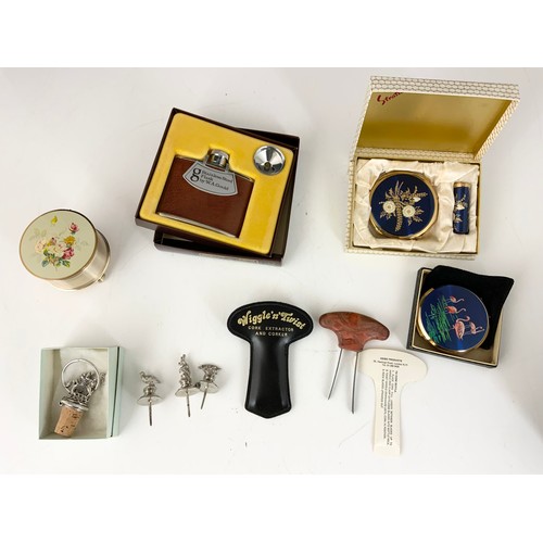 345 - MISC. ITEMS INC. STRATTON COMPACTS, BOXED, HIP FLASK, BOXED, MUSICAL JEWELLERY BOX, CORK EXTRACTOR, ... 