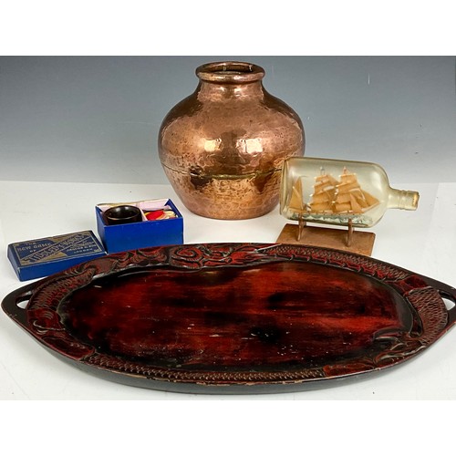 347 - MISC. ITEMS INCLUDING A COPPER VASE, RELIEF DECORATED TRAY, JACQUES TIDDLYWINKS AND A SHIP IN A BOTT... 