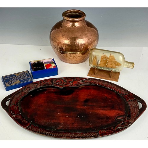 347 - MISC. ITEMS INCLUDING A COPPER VASE, RELIEF DECORATED TRAY, JACQUES TIDDLYWINKS AND A SHIP IN A BOTT... 