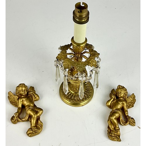 350 - A GILT LUSTRE LAMP BASE T/W A PAIR OF GILT CHERUB WALL HANGINGS