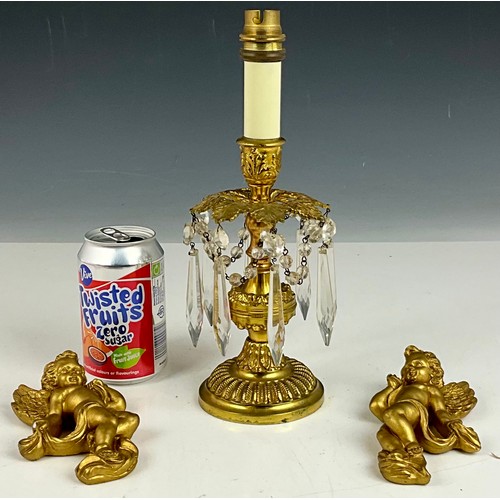 350 - A GILT LUSTRE LAMP BASE T/W A PAIR OF GILT CHERUB WALL HANGINGS