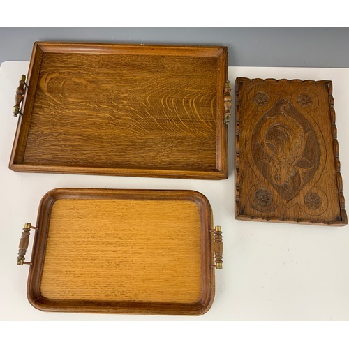 359 - TWO OAK TRAYS TOGETHER WITH A CARVED OAK TRAY