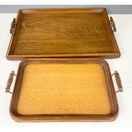 359 - TWO OAK TRAYS TOGETHER WITH A CARVED OAK TRAY