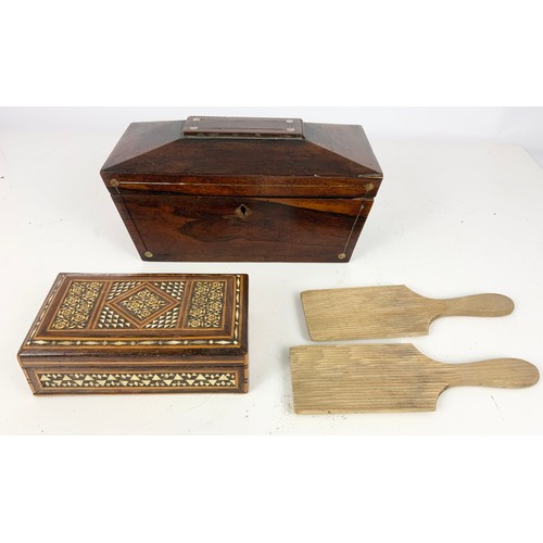 361 - MAHOGANY TEA CADDY, INLAID BOX AND PAIR OF BUTTER PATS