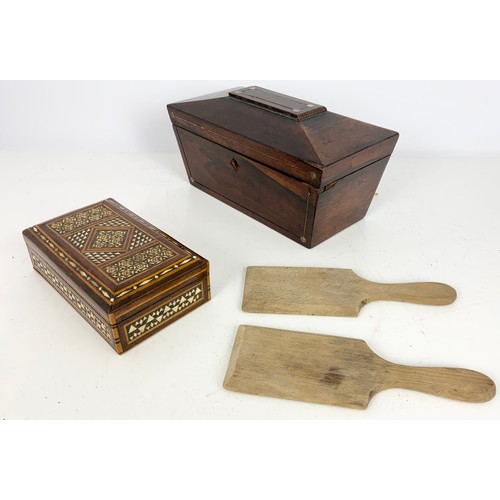 361 - MAHOGANY TEA CADDY, INLAID BOX AND PAIR OF BUTTER PATS