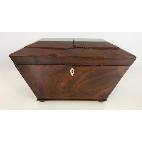 367 - MAHOGANY SARCOPHAGUS SHAPED TEA CADDY WIDTH 34cm