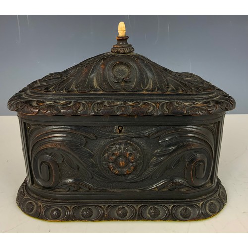 356 - CARVED OAK JEWELLERY BOX WITH SILK LINED INTERIOR