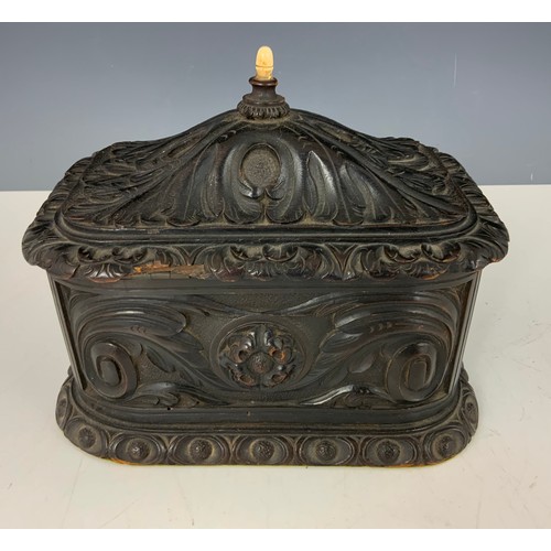 356 - CARVED OAK JEWELLERY BOX WITH SILK LINED INTERIOR