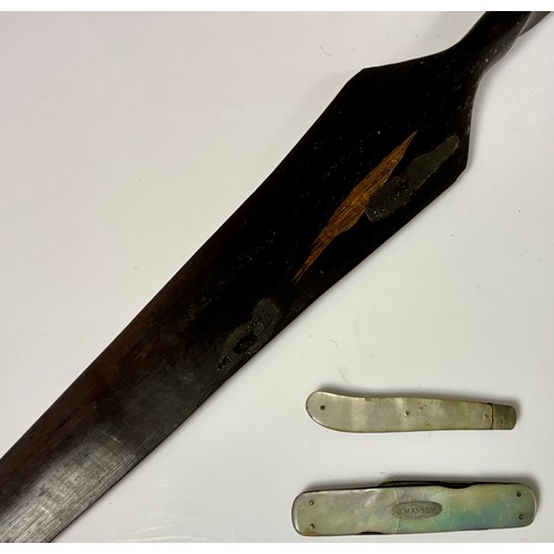 379 - AFRICAN TRIBAL SPEAR TIP AND 2 MOTHER OF PEARL HANDLED FRUIT KNIVES