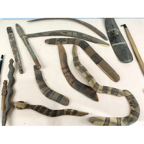 378 - A COLLECTION OF ABORIGINAL BOOMERANGS SOME CARVED WITH ANIMAL DEPICTIONS, PLUS SPEARS