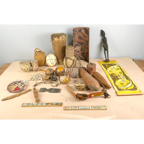 377 - COLLECTION OF MISCELLANEOUS INDIGENOUS ITEMS INCLUDING  BONGOS AND MARACAS