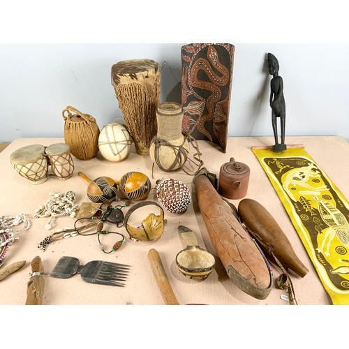 377 - COLLECTION OF MISCELLANEOUS INDIGENOUS ITEMS INCLUDING  BONGOS AND MARACAS