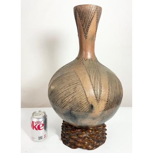 376 - 2 AFRICAN GOURD VASES WITH INCISED DECORATION WITH HARDWOOD STANDS