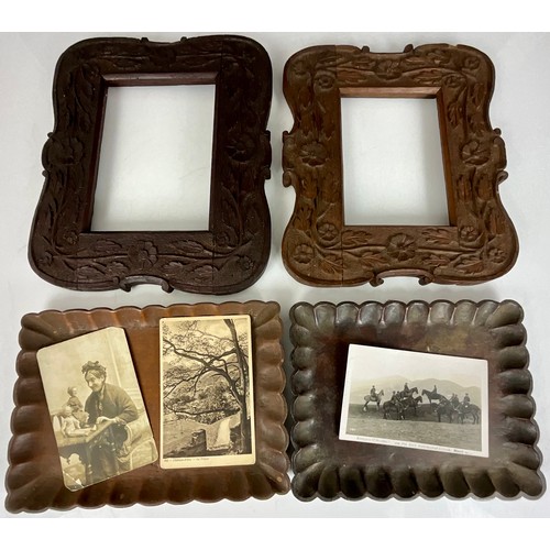 374 - PAIR OF CARVED OAK FRAMES, 2 OAK DISHES, 2 OLD POSTCARDS AND A REAL PHOTO POSTCARD OF MOUNTED FIELD ... 