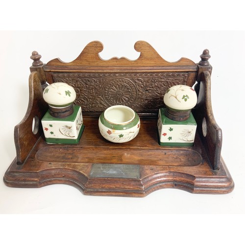 386 - DESK STAND  / DESK SET WITH PORCELAIN INK WELLS