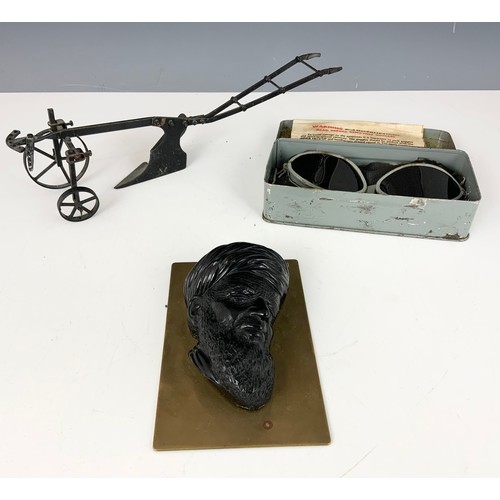 393 - MISC. ITEMS INC. MODEL OF A SINGLE FURROW PLOUGH, PR. GOGGLES IN ORIGINAL BOX, LEAD POURING SET, A C... 