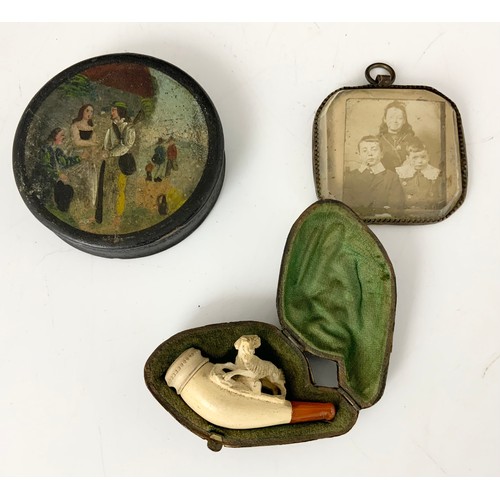 395 - VICTORIAN GLASS PHOTO PENDANT, PAPIER MACHE CIRCULAR BOX WITH FIGURES TO LID AND A CASED MEERSCHAUM ... 