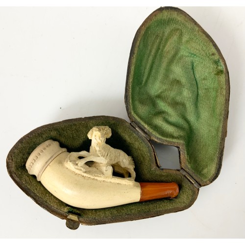 395 - VICTORIAN GLASS PHOTO PENDANT, PAPIER MACHE CIRCULAR BOX WITH FIGURES TO LID AND A CASED MEERSCHAUM ... 