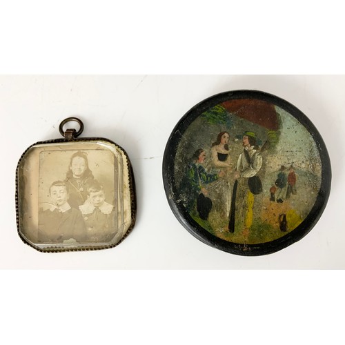 395 - VICTORIAN GLASS PHOTO PENDANT, PAPIER MACHE CIRCULAR BOX WITH FIGURES TO LID AND A CASED MEERSCHAUM ... 