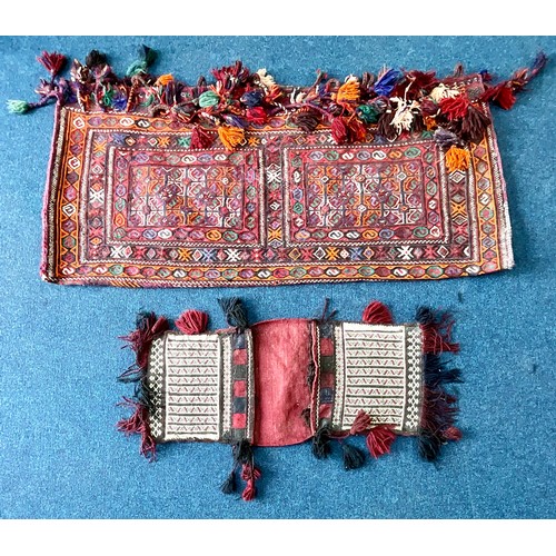 736 - 2 TURKISH KELIM SADDLE BAGS DECORATED WITH GEOMETRIC MOTIFS APPROX 100CM BY 40 CM AND 150CM BY 75CM