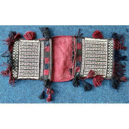 736 - 2 TURKISH KELIM SADDLE BAGS DECORATED WITH GEOMETRIC MOTIFS APPROX 100CM BY 40 CM AND 150CM BY 75CM