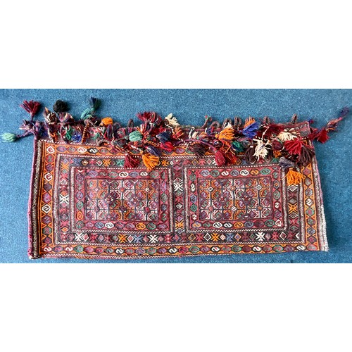 736 - 2 TURKISH KELIM SADDLE BAGS DECORATED WITH GEOMETRIC MOTIFS APPROX 100CM BY 40 CM AND 150CM BY 75CM