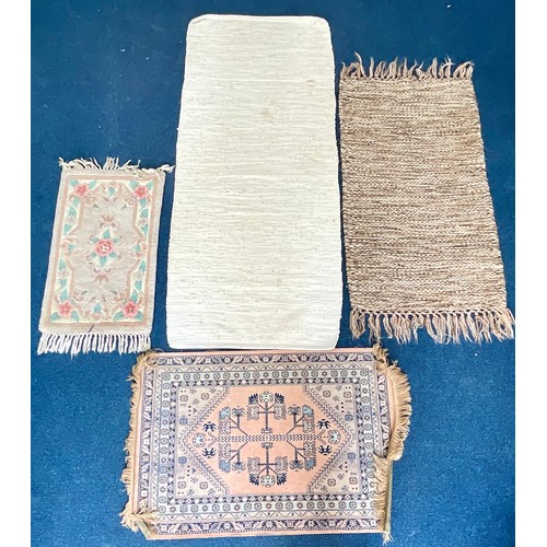 738 - 3 SMALL WOOL & COTTON RUGS AND A SMALL SILK RUG