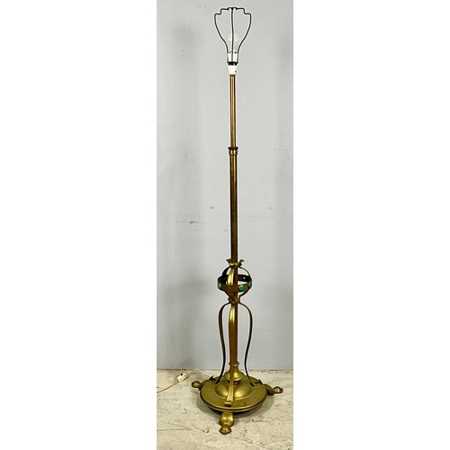 281 - ARTS AND CRAFTS STYLE ADJUSTABLE STANDARD LAMP WITH DECORATIVE BOSS SET WITH RUSKIN TYPE ROUNDELS, A... 