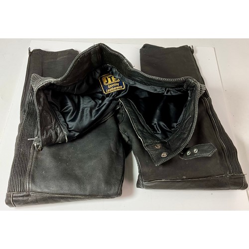 468 - TWO PAIRS LEATHER MOTORCYCLE TROUSERS. SIZE 14 JTS SPORTING LEATHWARE AND EURO 52/USA 42 COLLINS LEA... 