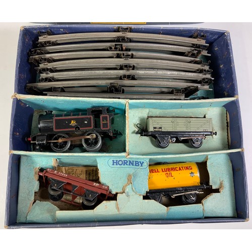 458 - HORNBY BOXED 0 GAUGE NO 201 TANK GOODS SET, LOCO 82001 3 TRUCKS & QTY OF TRACK