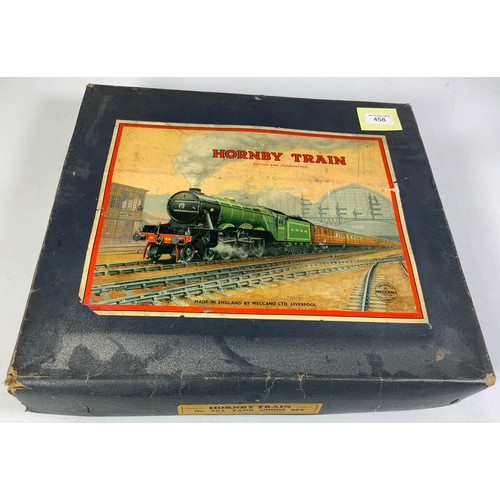 458 - HORNBY BOXED 0 GAUGE NO 201 TANK GOODS SET, LOCO 82001 3 TRUCKS & QTY OF TRACK