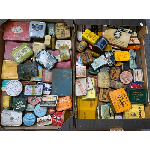 36 - TWO TRAYS OF OLD ADVERTISING TINS, TOBACCO, JOHN BULL. ETC.