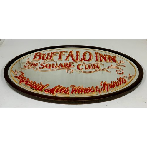 38 - OVAL ADVERTISING MIRROR, BUFFALO INN, THE SQUARE CLUN, IMPERIAL ALES WINES & SPIRITS, APPROX 80 X 55... 