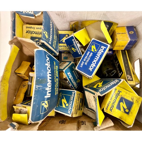 35 - MOTORING INTEREST, A BOX OF INTERMOTOR CAR PARTS, MANY BOXED, AUTO-ELECTRICAL SERVICE PLANT, GOOD SO... 