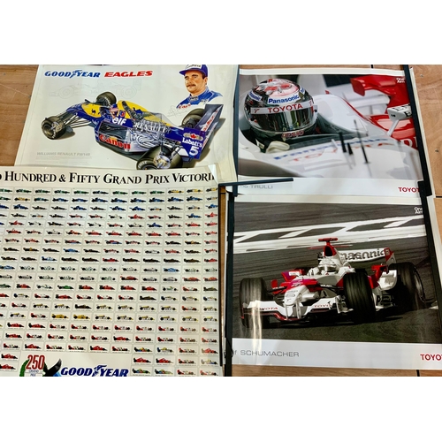 27 - ASSORTED MOTOR RACING AND CAR POSTERS, INC TOYOTA SCHUMACHER, TRULLI, GOOD YEAR EAGLES MANSELL ( WIT... 