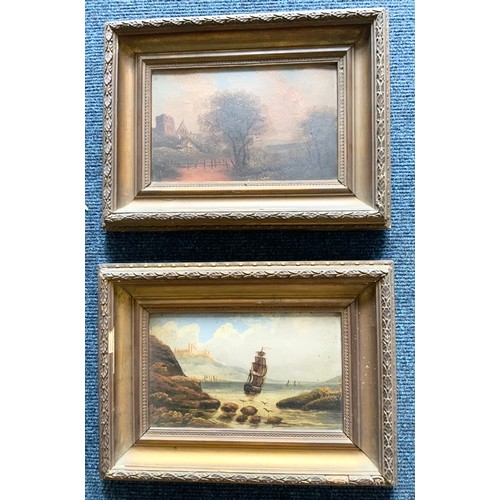 22 - 4 OIL PAINTINGS IN GILT FRAMES LANDSCAPES AND 2 WATERCOLOUR PAINTINGS OF BOATS IN A HARBOUR