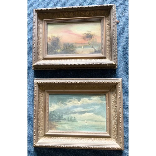 22 - 4 OIL PAINTINGS IN GILT FRAMES LANDSCAPES AND 2 WATERCOLOUR PAINTINGS OF BOATS IN A HARBOUR