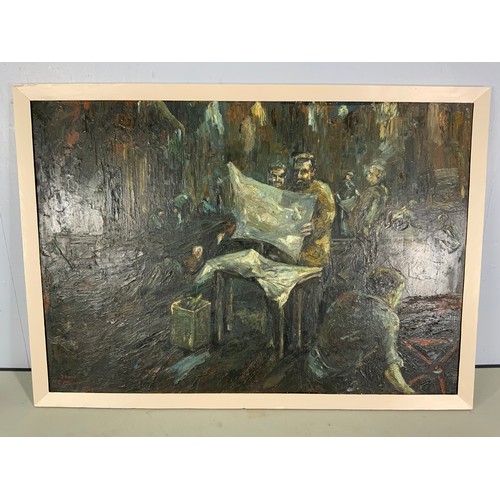 11 - OIL ON BOARD FACTORY SCENE SIGNED JOHN CORVIN 1965 100cm x 69cm